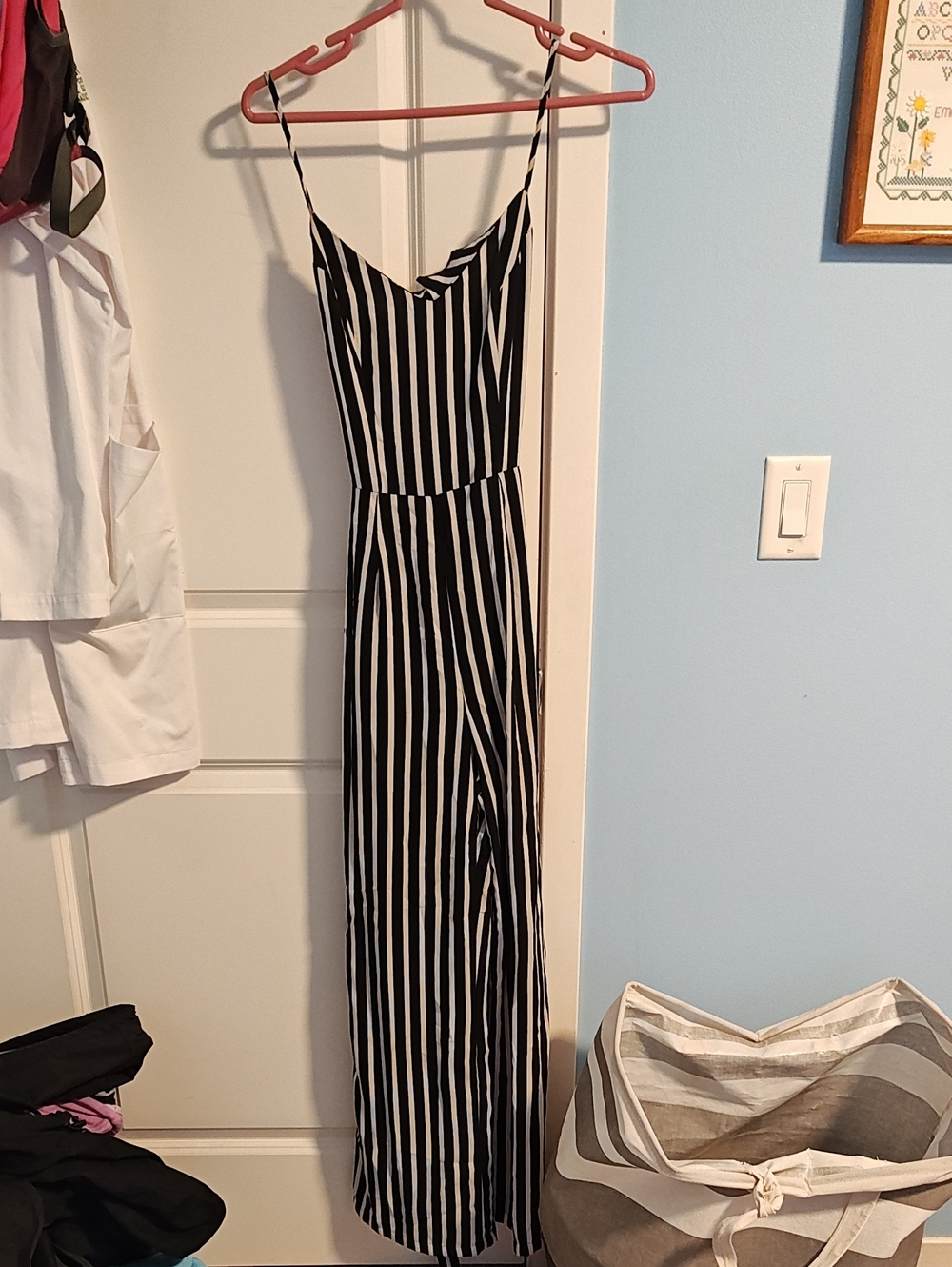 Black & White Vertical Stripe Spaghetti Strap Jumpsuit